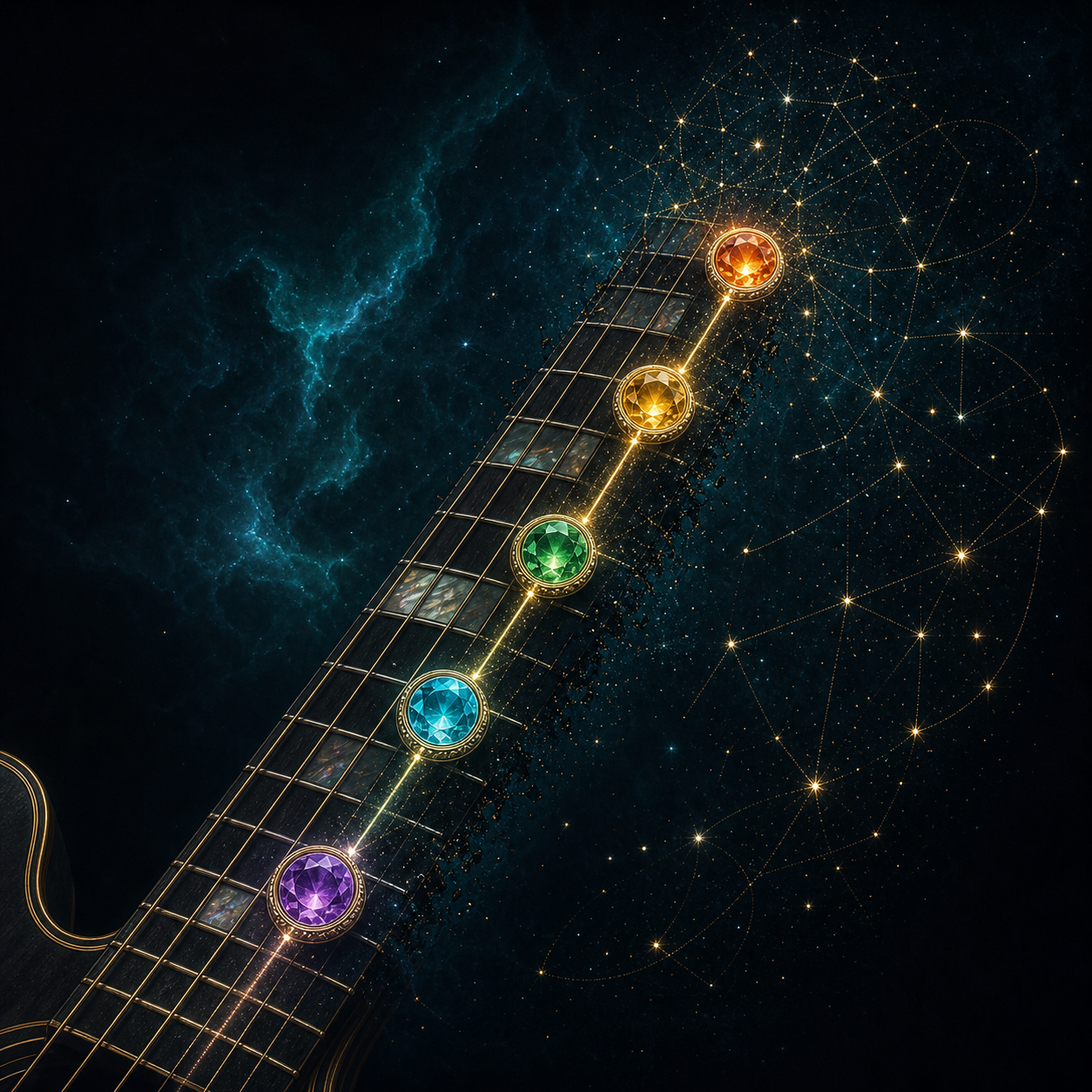 A six-string guitar neck crossing a star field with five jeweled fretboard landmarks connected by light